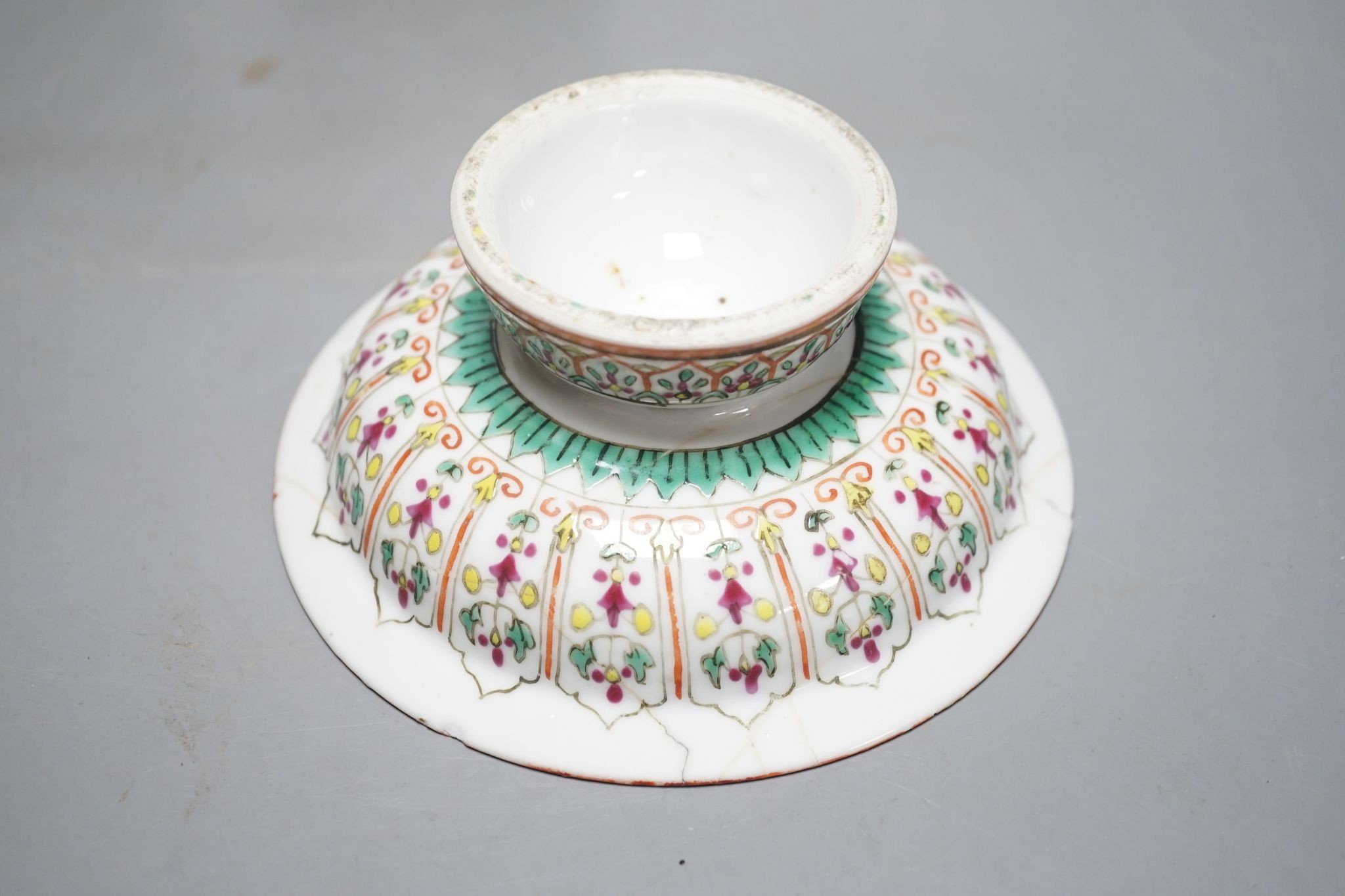 A Chinese famille verte jar, a Chinese enamelled porcelain stem dish, a famille rose cup and a Japanese Satsuma pottery model of a bucket, tallest 15.5cm